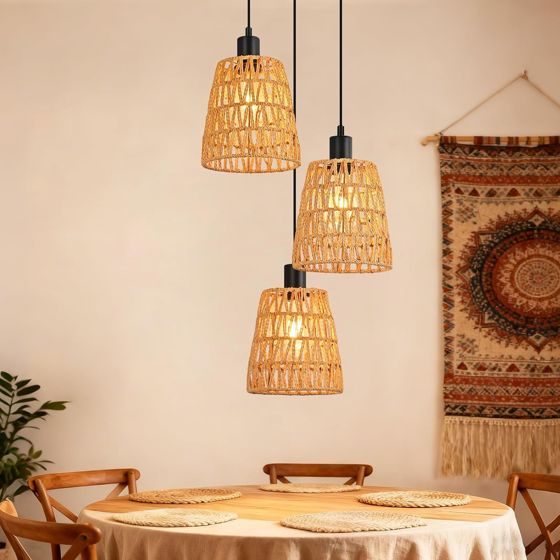 NETTLIFE pendellampa retro bohemisk rottingpendellampa, höjdjusterbar, 3 ljuskällor, E27