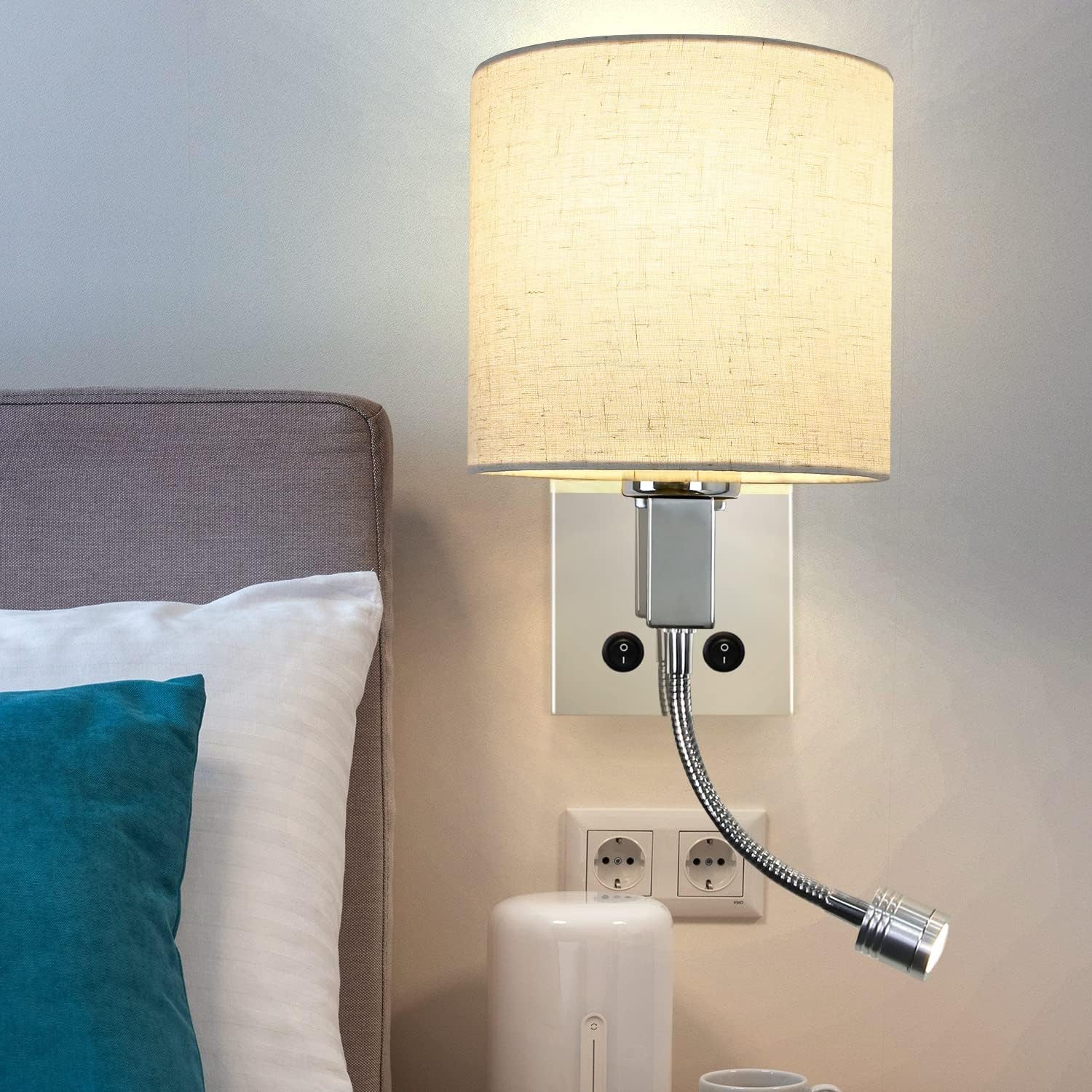 NETTLIFE LED-vägglampa med strömbrytare, inomhusvägglampa, läslampa, tygskärm, justerbar nattlampa
