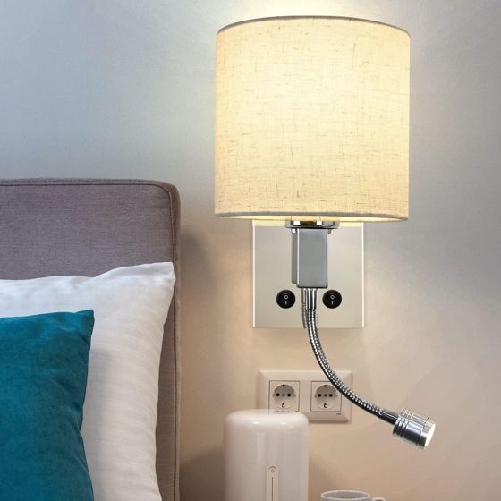 NETTLIFE LED-vägglampa med strömbrytare, inomhusvägglampa, läslampa, tygskärm, justerbar nattlampa