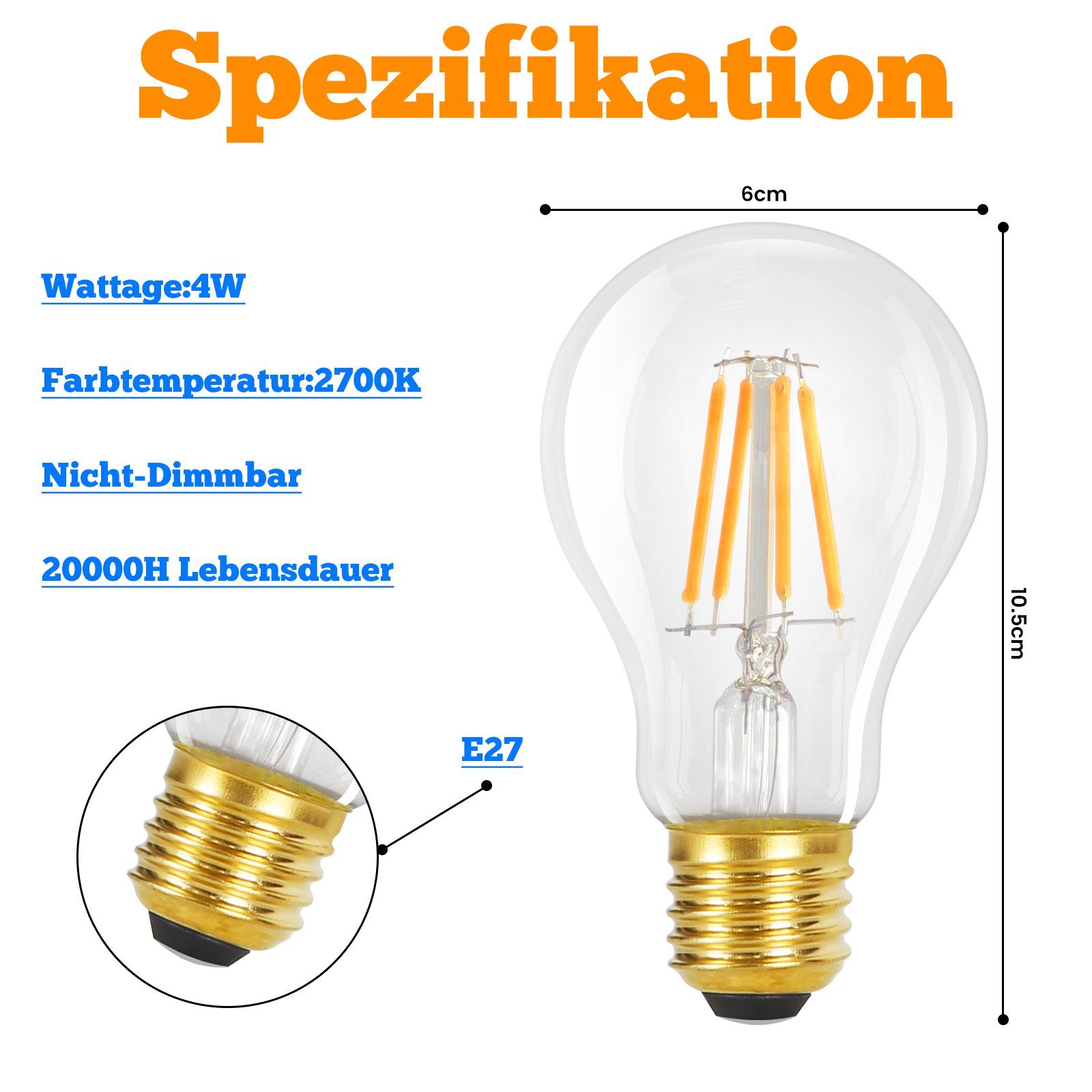 NETTLIFE 3 st E27 LED-lampor, Vintage A60 Edison 4W 2700K varmvit, retro glödtråd, energibesparande, dimbar