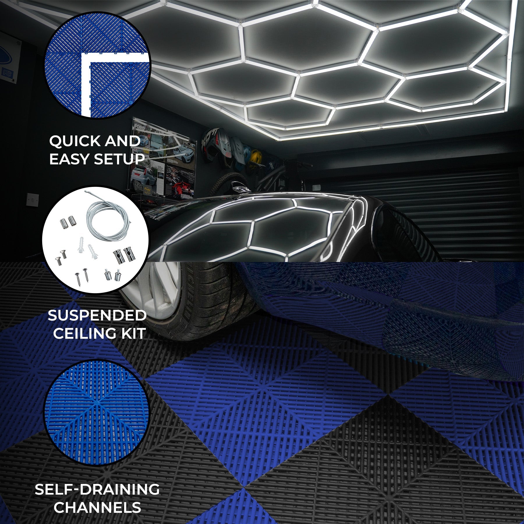 Sexkantiga LED-ljus och rutnätsplattor på garagekanter 60 svart och 60 blå