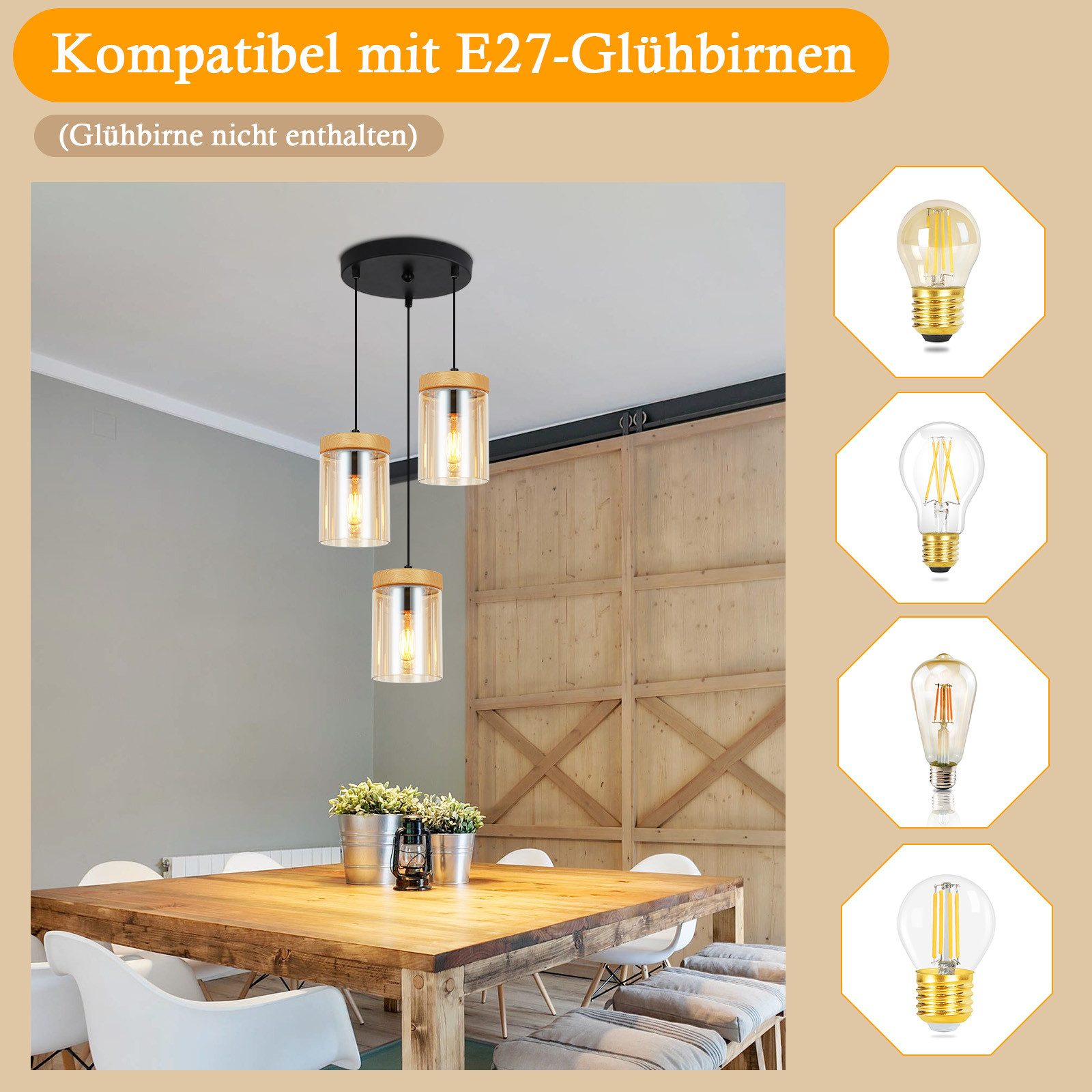 NETTLIFE Matbordslampa, 3 lågor, vintage - glas, E27, vardagsrumslampa