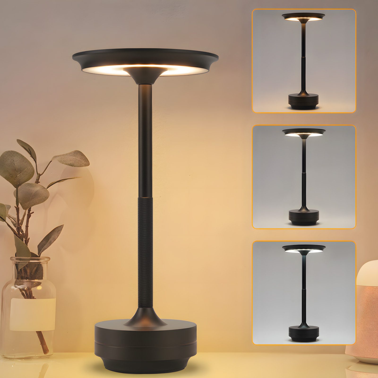 NETTLIFE Trådlös LED-sänglampa, USB-laddningsbar, Touch, Dimbar, Svart