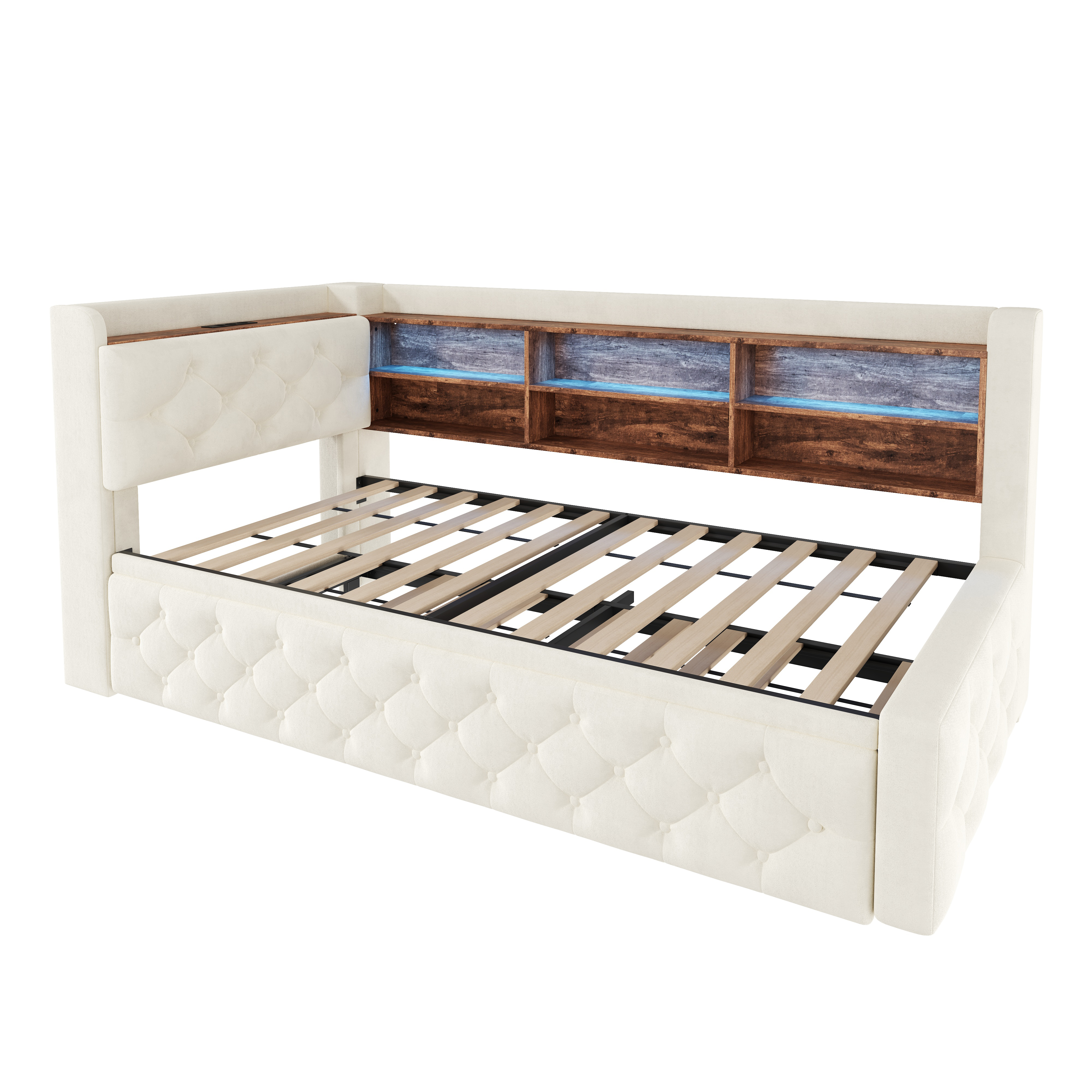 säng 90x190 cm beige tyg trä kopfteil låda LED-belysning USB type-c lattenrost