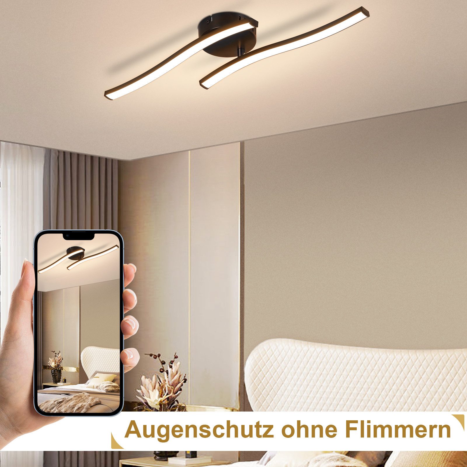 NETTLIFE LED-taklampa för vardagsrum, taklampa för sovrum, modern svart, 12 W, 3000 K, för inomhusbruk, varmvit