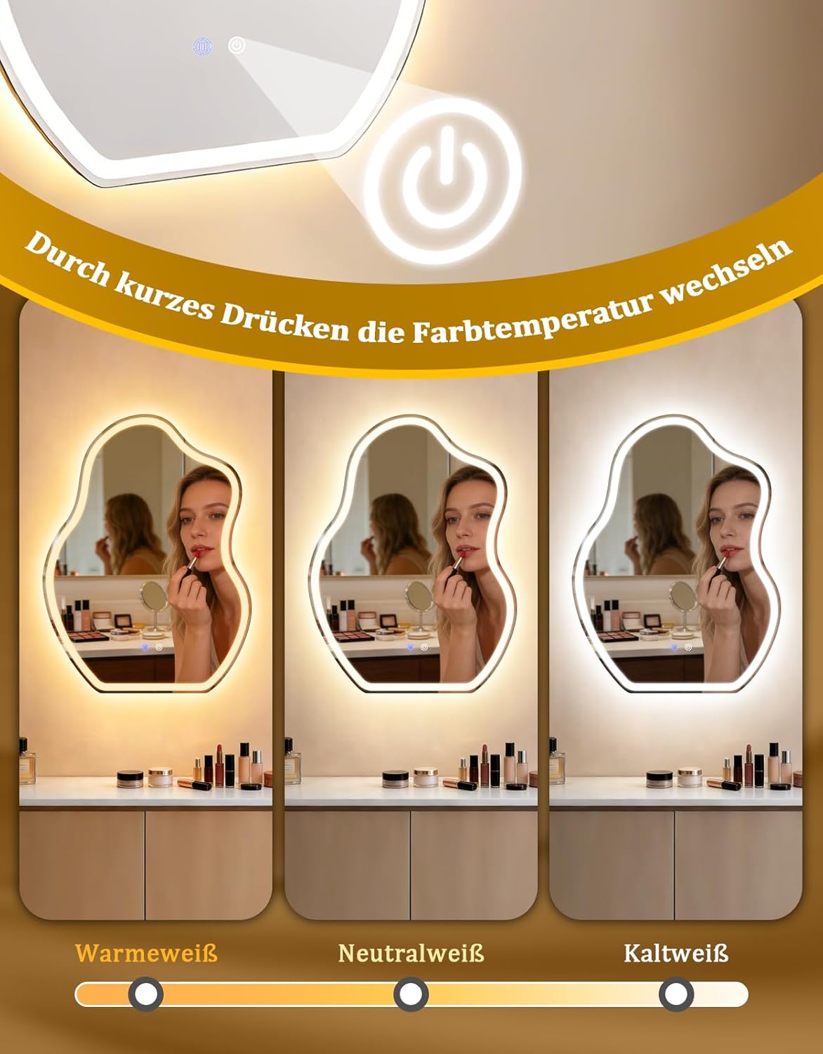 NETTLIFE Asymmetrisk LED Badrumsspegel 60x80cm, Pekskärm, Imfri, Dimbar 3000-6500K, IP44 För Vägg