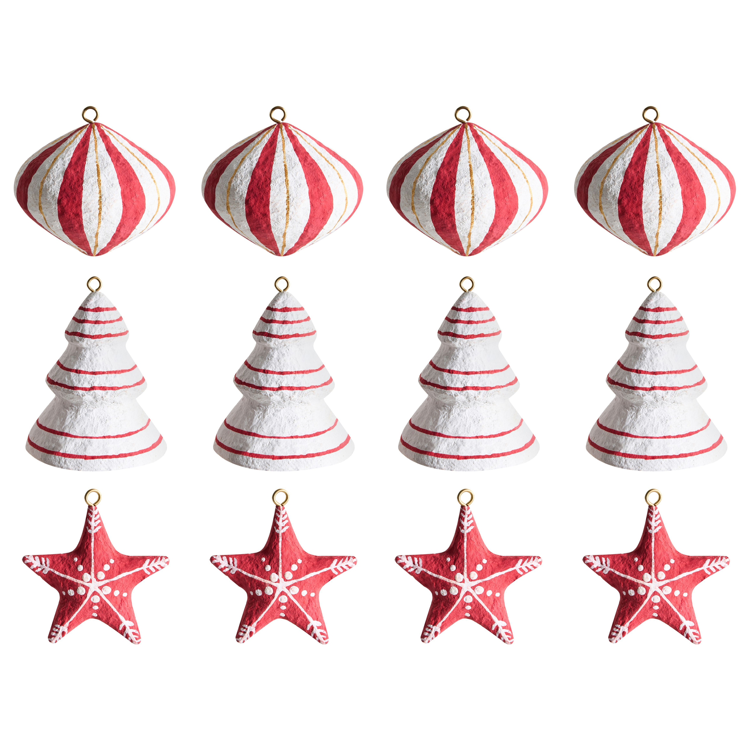 Set med 12 julgransdekorationer GIDEALVEN Papier-mâché Röd/ vit