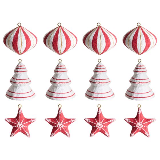 Set med 12 julgransdekorationer GIDEALVEN Papier-mâché Röd/ vit