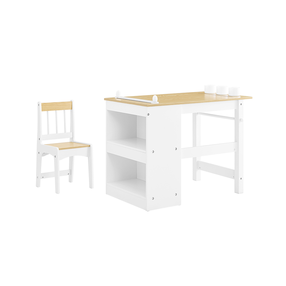 SoBuy Barnbord med 1 stol, barnstolsgrupp med 1 pappersrullehållare, barnbord, stolset, lekbord och målbord för barnrum, målbord för barn, vitt och natur 80x66x50cm KMB60-WN