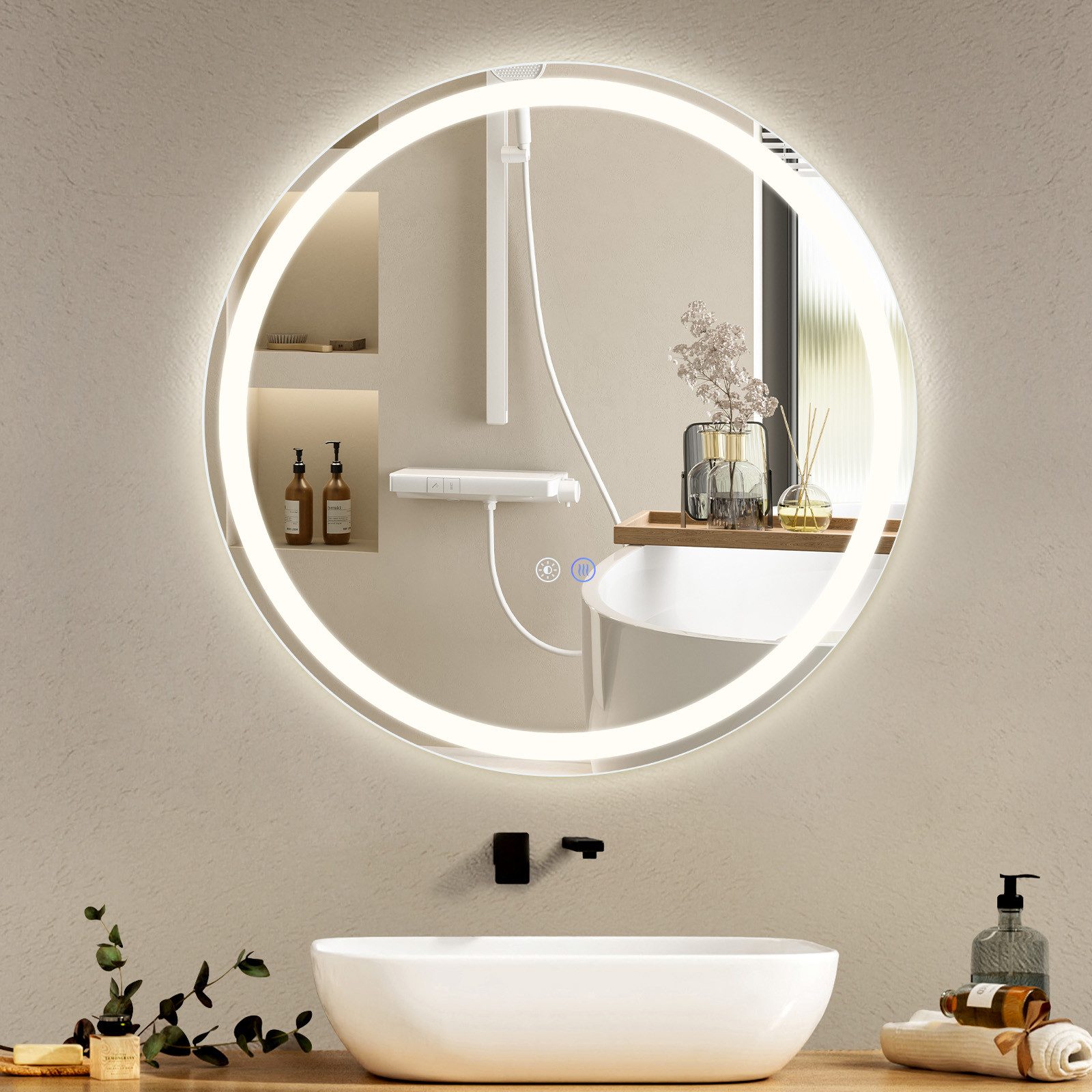 NETTLIFE upplyst badrumsspegel - rund 50 cm LED, väggmonterad, touchströmbrytare, imfri, IP44 justerbar 3000K -6500K