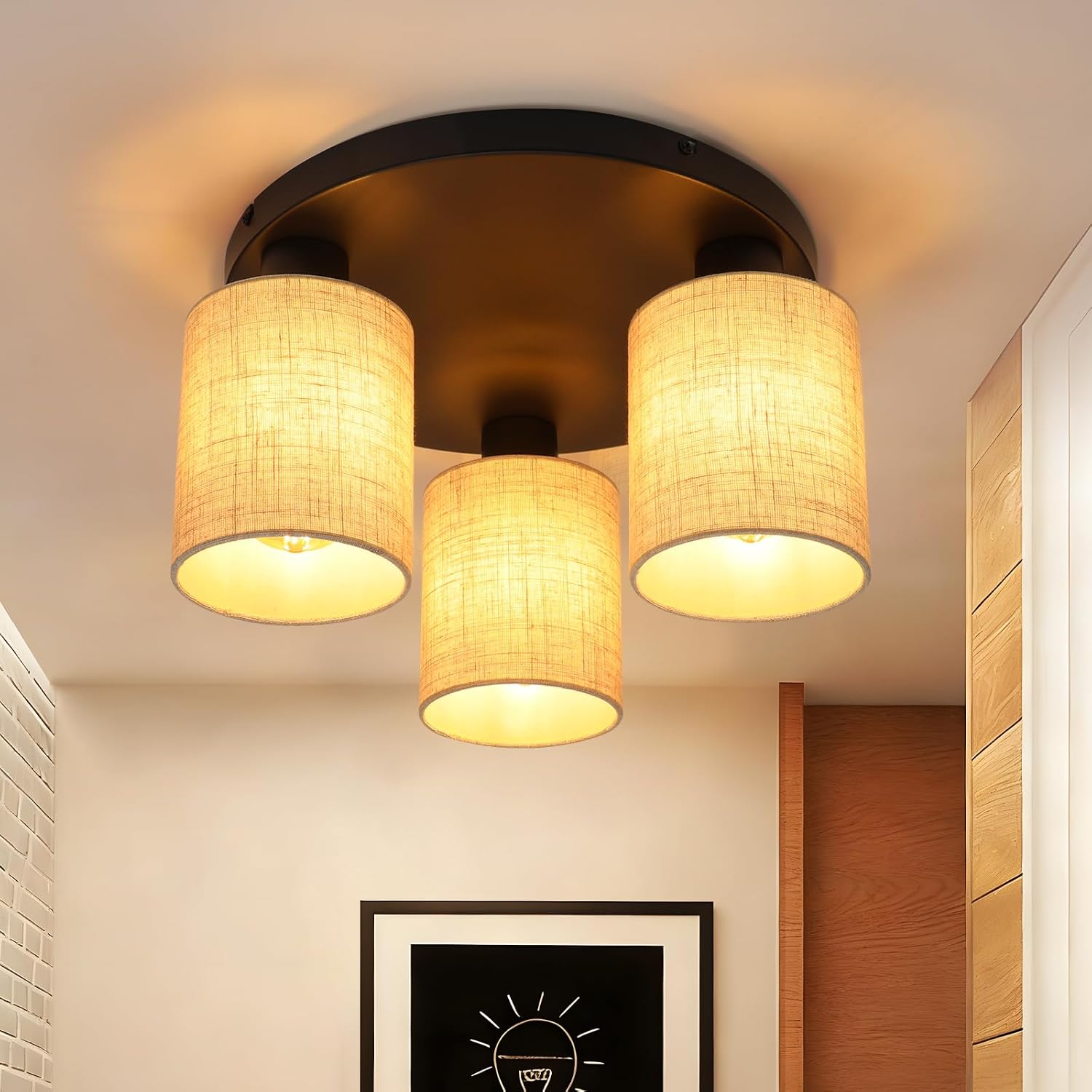 NETTLIFE taklampa svart, 3 ljuskällor, rund tygskärm i vintagestil, retro boho halllampa