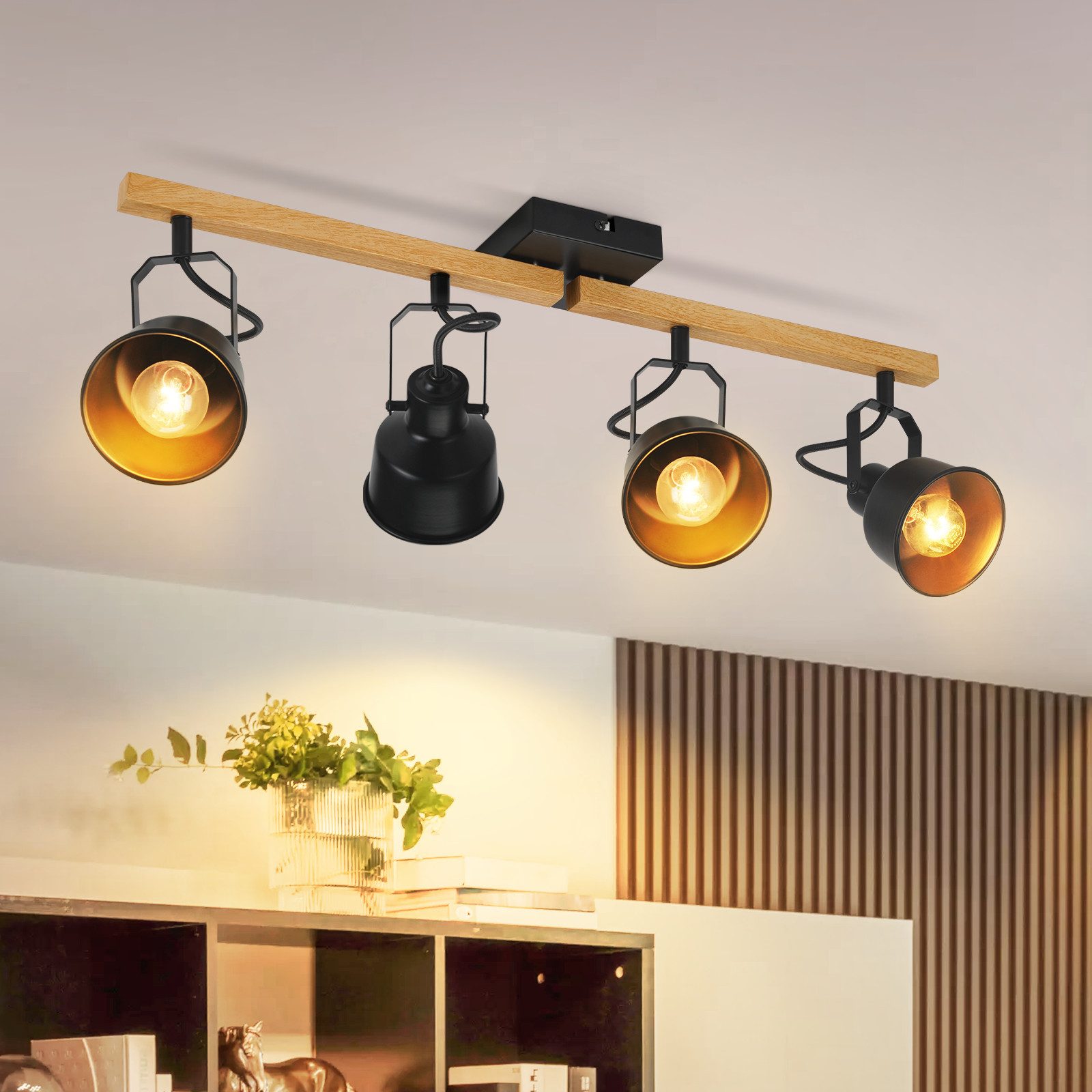 NETTLIFE takspotlight, 4 lågor, justerbar 350°, vintagestil, E14, högkvalitativ design, träådringsmönster