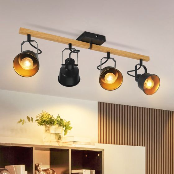NETTLIFE takspotlight, 4 lågor, justerbar 350°, vintagestil, E14, högkvalitativ design, träådringsmönster