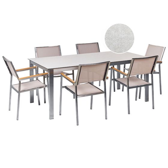 Trädgårdsmatgrupp 6-sits COSOLETO/GROSSETO Härdat glas Marmoreffekt Vit/ Beige