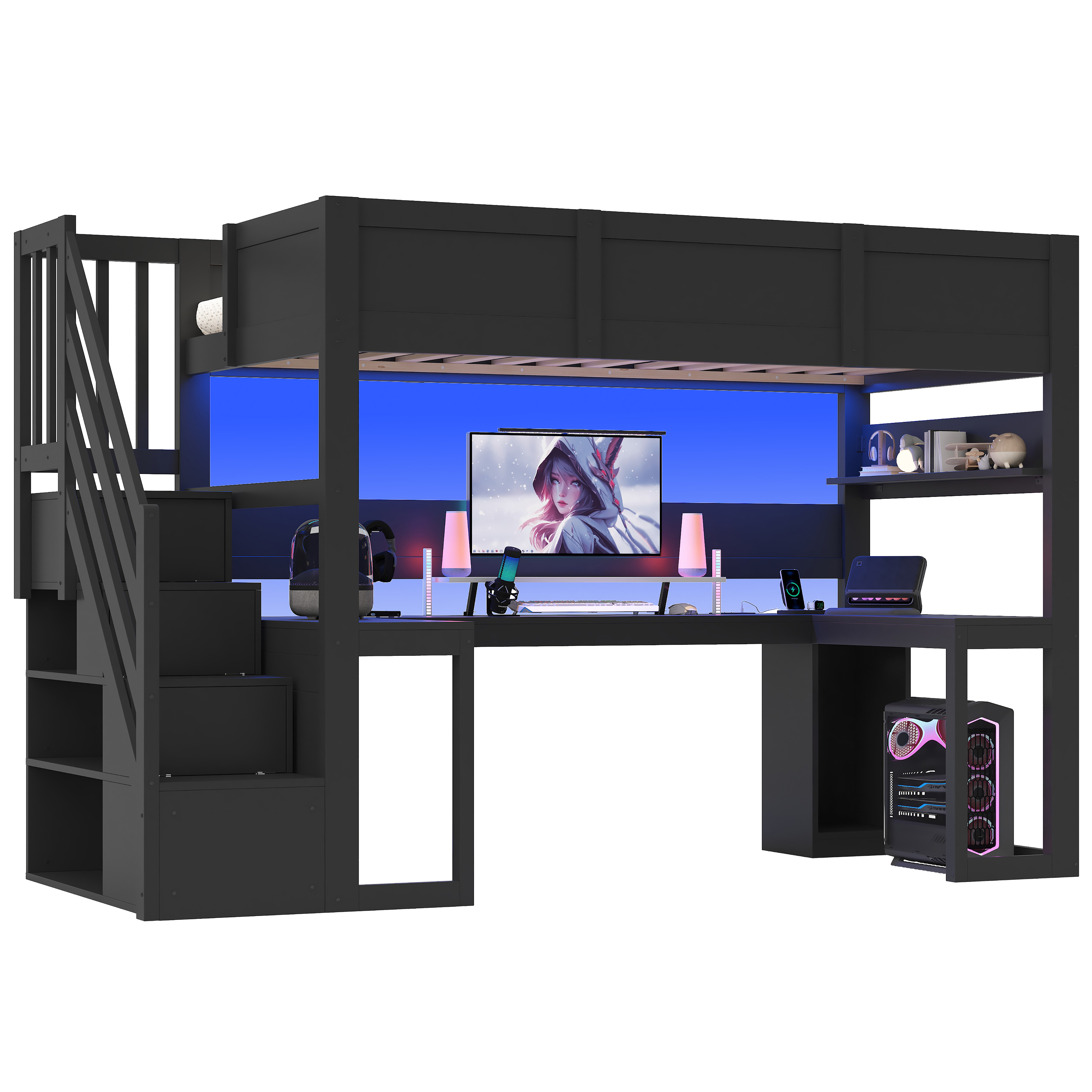 Loftsäng 90x200 cm med skrivbord, LED-belysning och USB-port, svart
