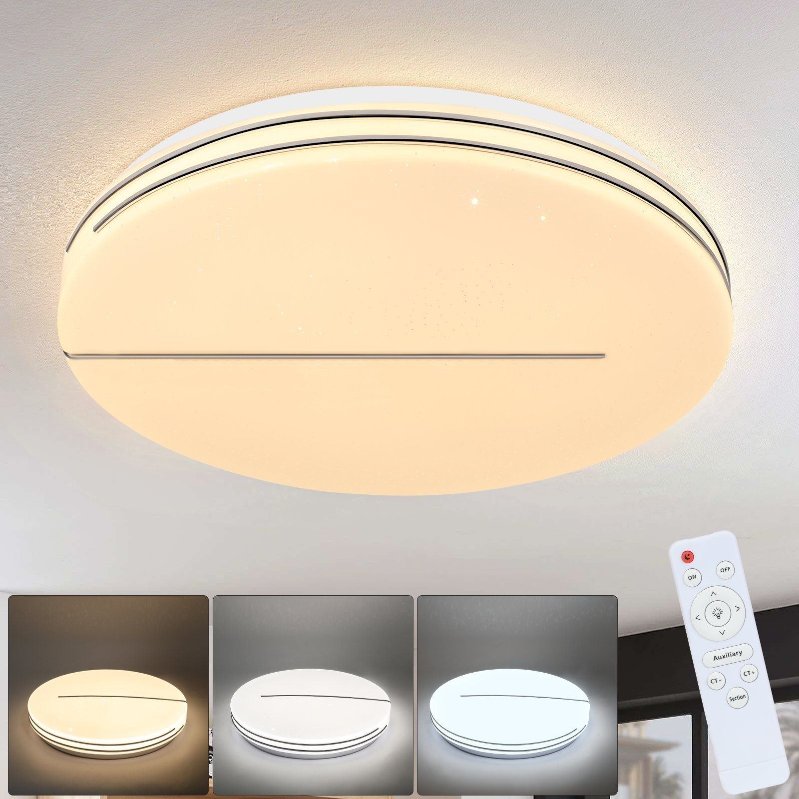 NETTLIFE modern LED-taklampa, rund 44 W för vardagsrum, dimbar lampa 40 cm, fjärrstyrd stjärnhimmel, sovrumsbelysning, kök