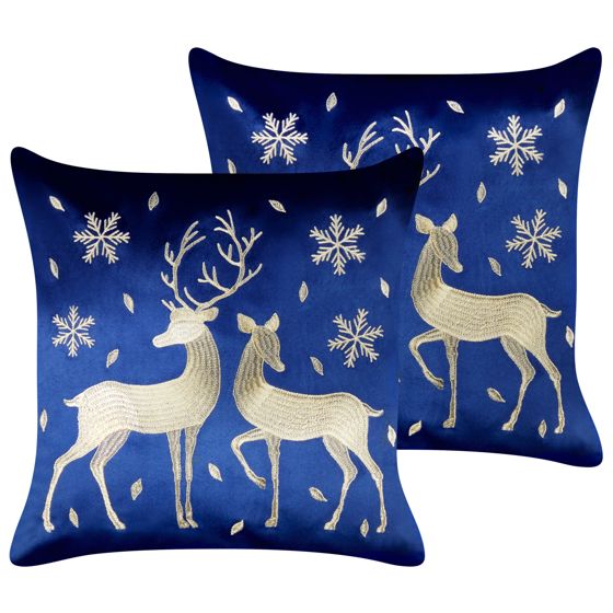 Set med 2 prydnadskuddar MERINGUE 45 x 45 cm Sammet Mörkblå Julmotiv