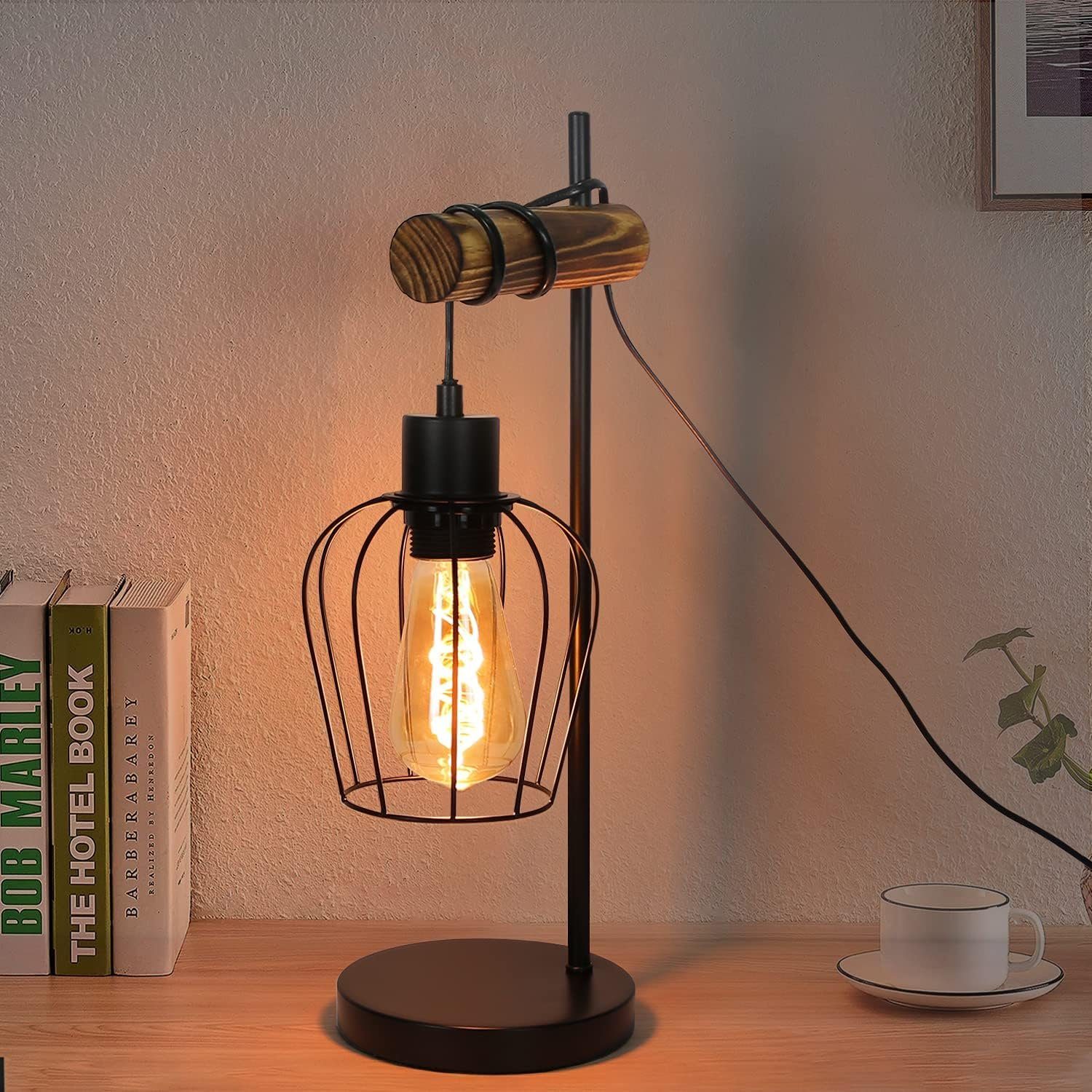 NETTLIFE Retro Bordlampa, 1 Låga Vintage Nattdukslampa, Metall och Trä - Svart - Sockel: E27 - Strömbrytare, Inkluderar Glödlampor