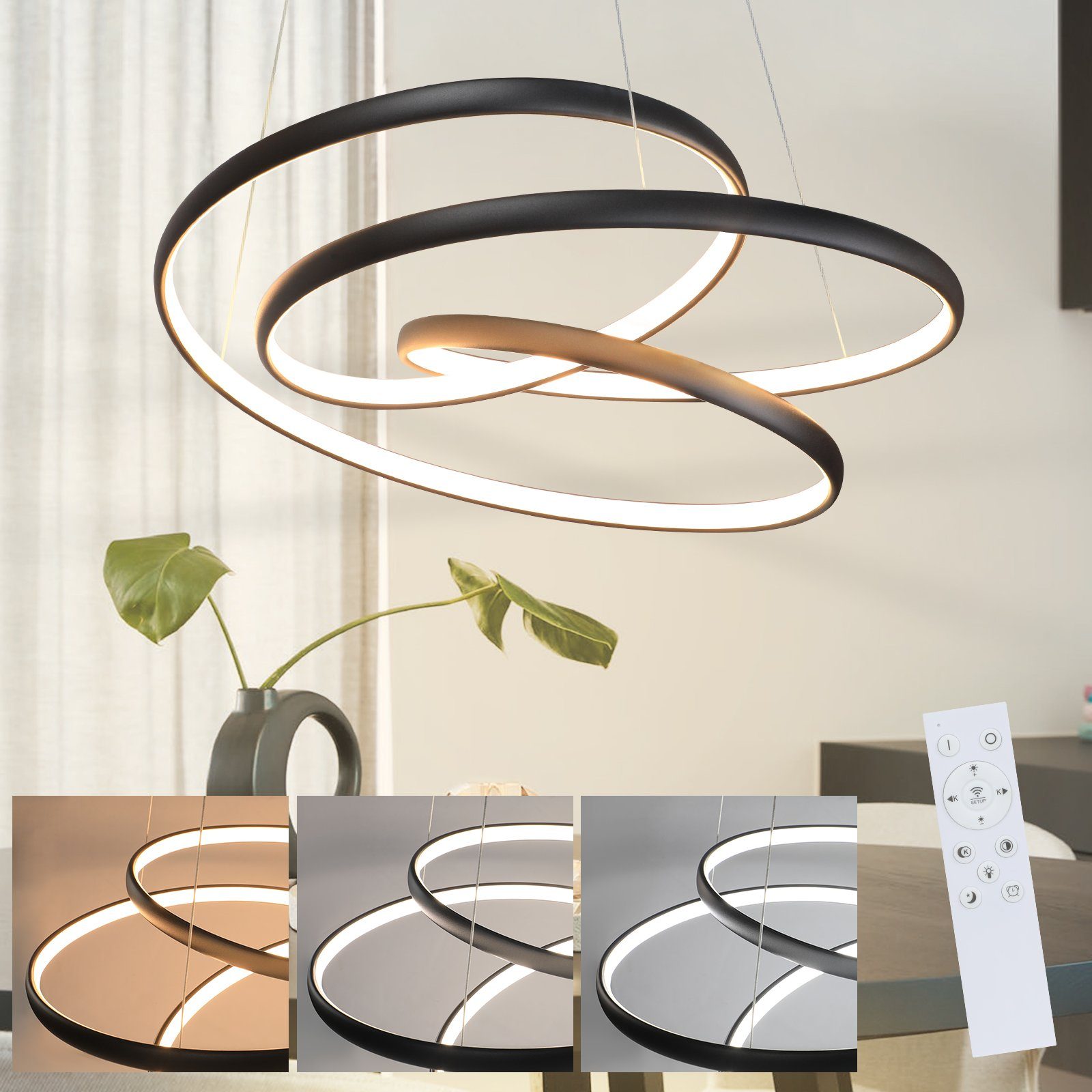 NETTLIFE LED - pendellampa, svart järn, diameter 24 cm dimbar, 50 cm, modern pendellampa med fjärrkontroll för vardagsrum, lampa 55W