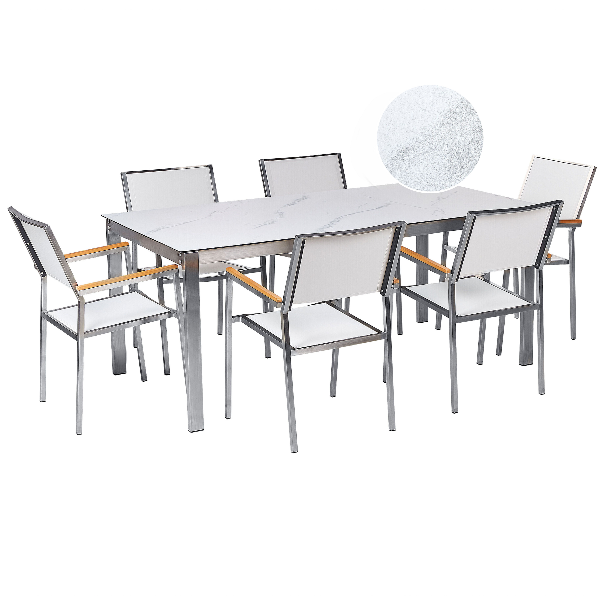 Trädgårdsmatgrupp 6-sits COSOLETO/GROSSETO Härdat glas Marmoreffekt Vit marmor