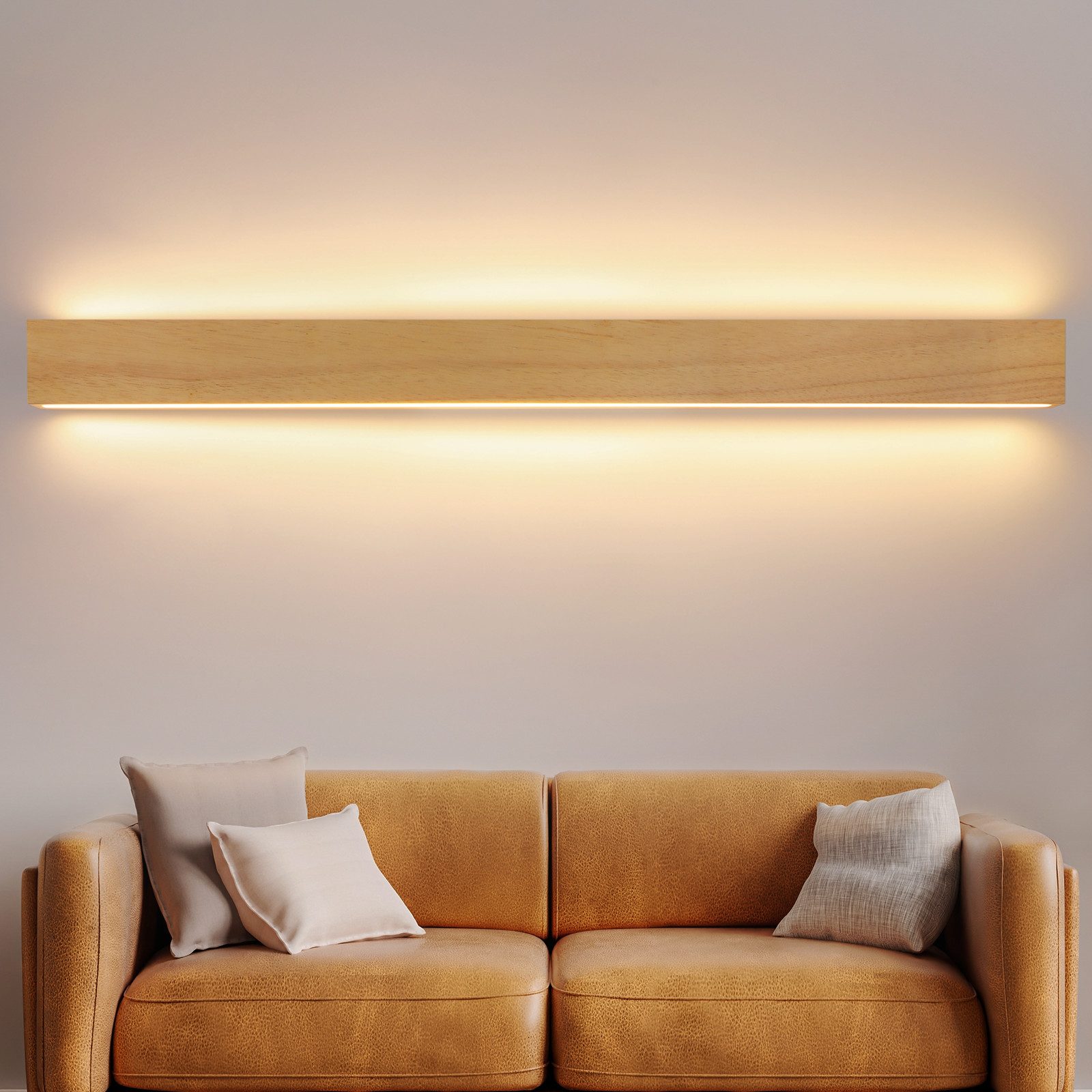 NETTLIFE LED-vägglampa i trä för inomhusbruk, 100 cm, 36 W, indirekt ljus uppåt och nedåt, 3000 K varmvit