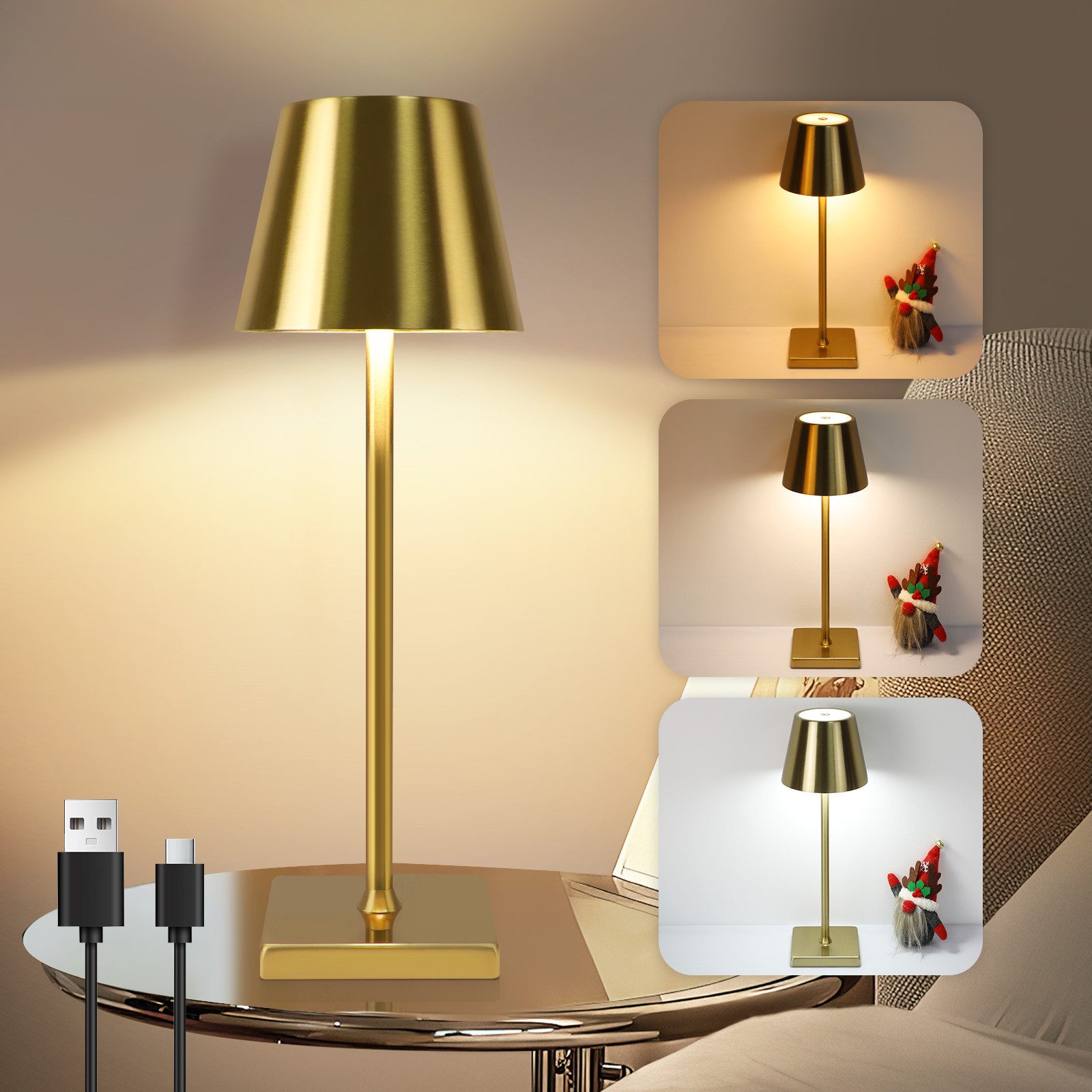NETTLIFE Vintage, Guld, LED - bordslampa, Trådlös beröringsdimbar, sänglampa, 3 färgtemperaturer