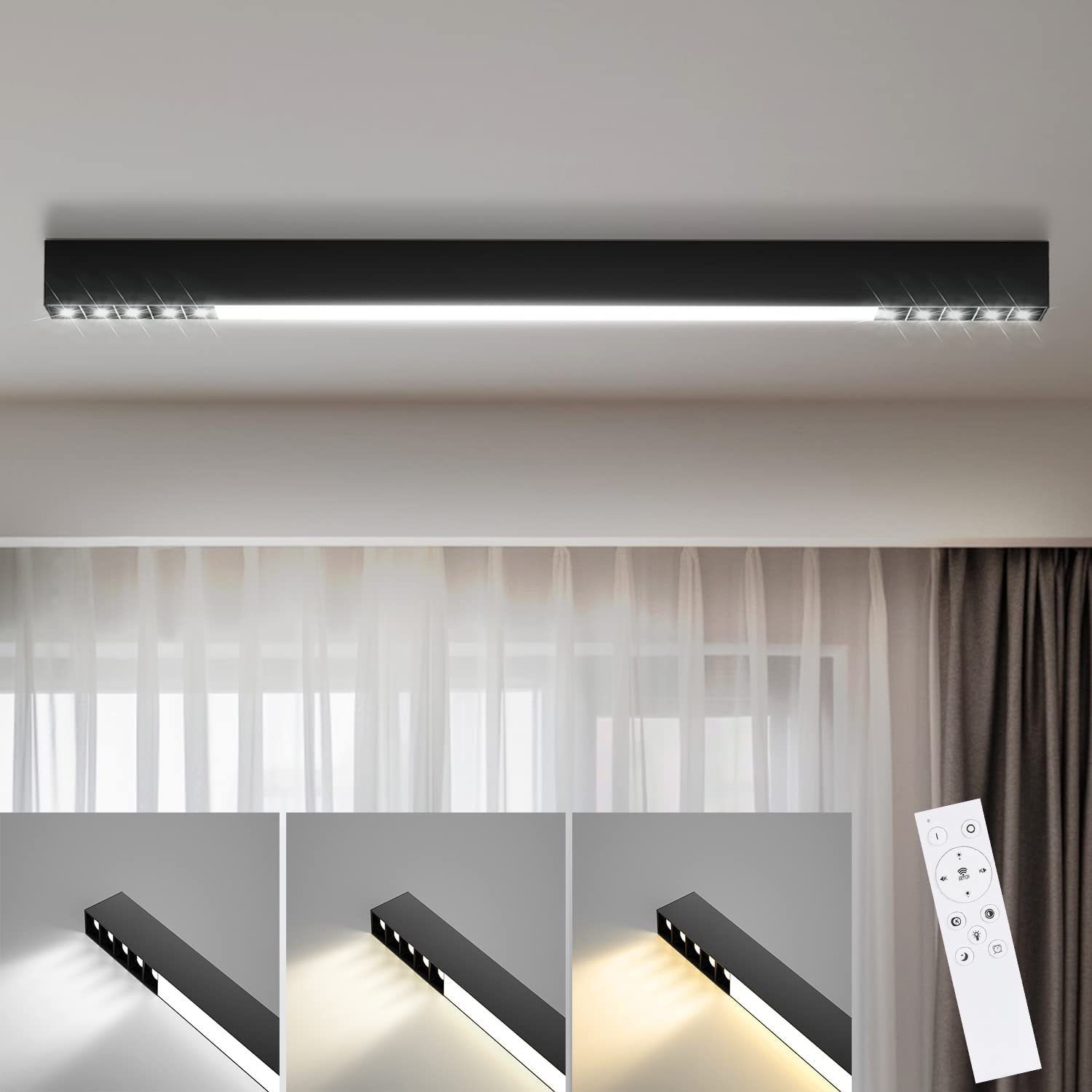 NETTLIFE LED-taklampa, svart 25W lång, modern dimbar, vardagsrumslampa med fjärrkontroll 80cm för kontor och sovrum