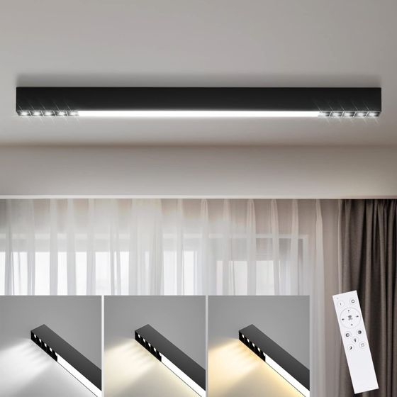 NETTLIFE LED-taklampa, svart 25W lång, modern dimbar, vardagsrumslampa med fjärrkontroll 80cm för kontor och sovrum