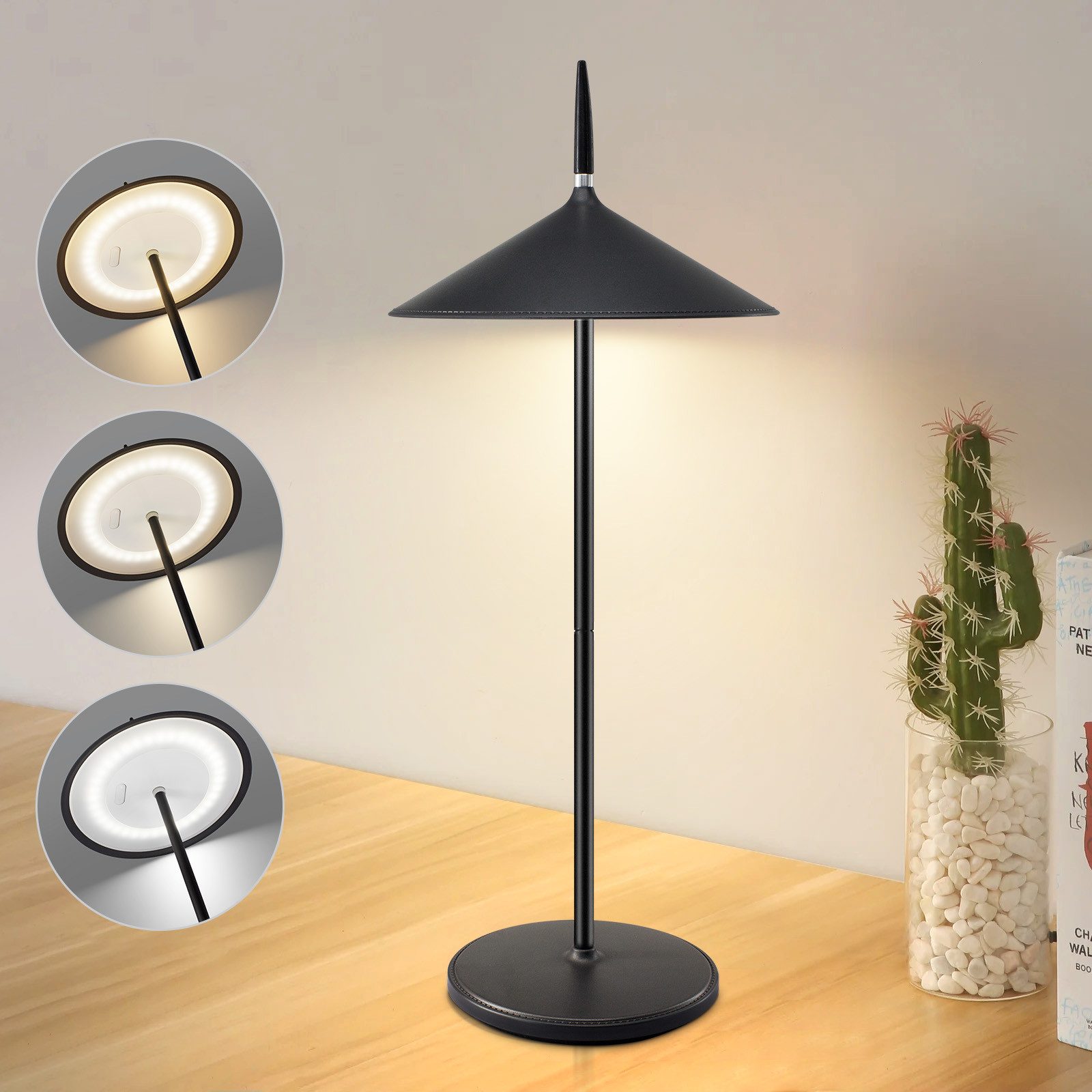 NETTLIFE Trådlös LED-nattlampa med pekfunktion, svart dimbar, bordslampa 1800mAh, USB-laddningsbar, inbyggd, konstant LED, IP44
