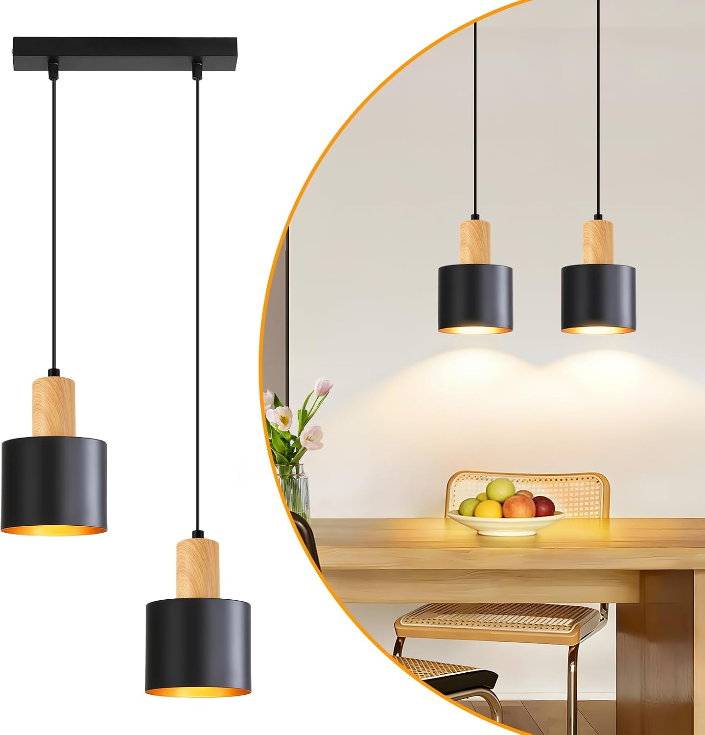NETTLIFE Vintage pendellampa svart och guld - taklampa för matsalen, justerbar höjd för köksbord och köksö, E27, 2 lampor (glödlampor ingår ej)