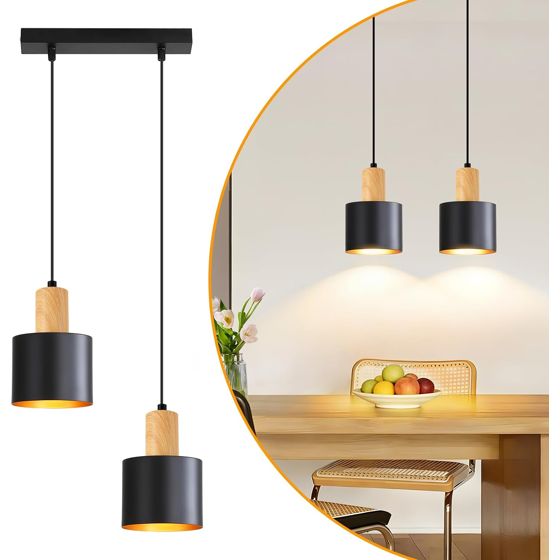NETTLIFE Vintage pendellampa svart och guld - taklampa för matsalen, justerbar höjd för köksbord och köksö, E27, 2 lampor (glödlampor ingår ej)