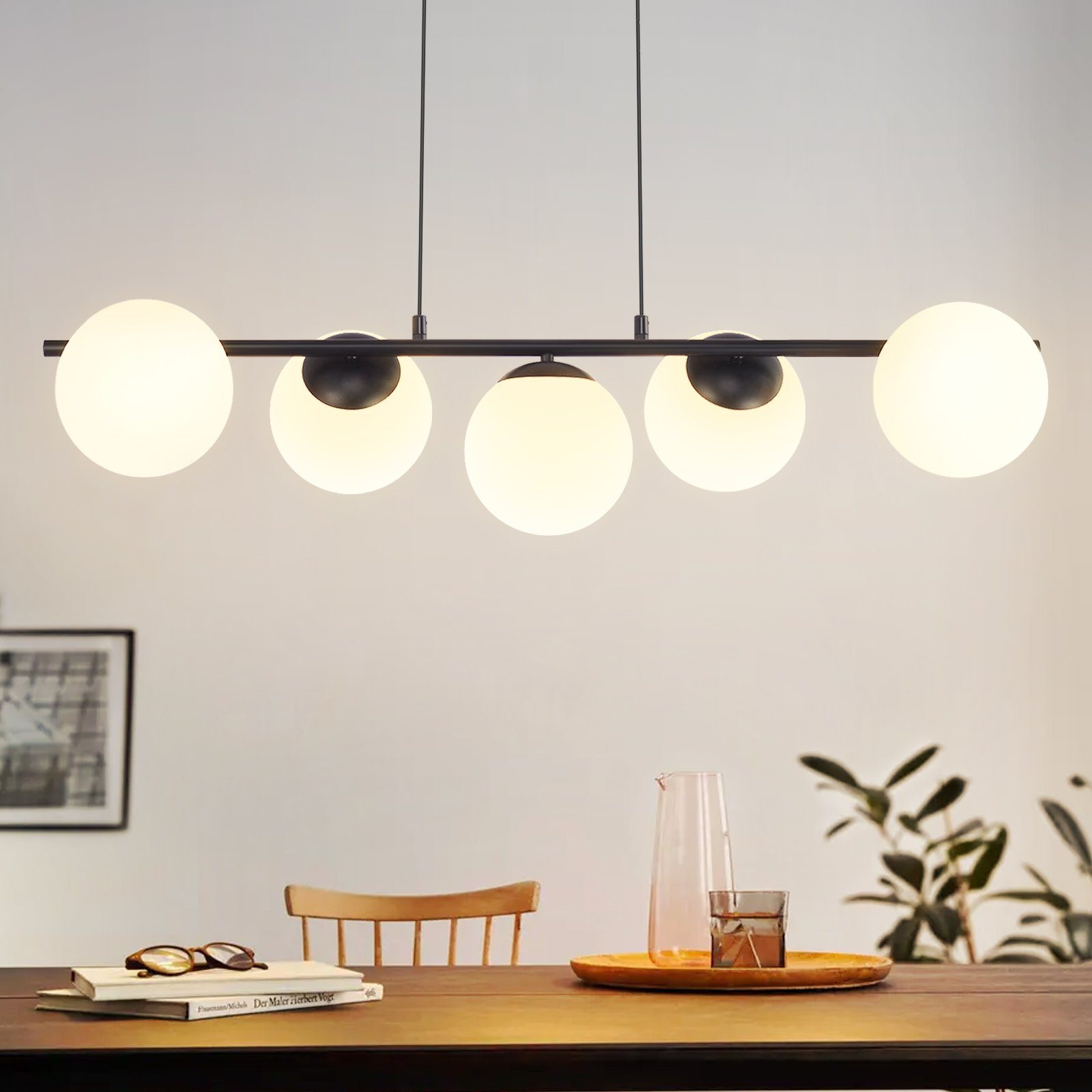 NETTLIFE pendellampa svart E27 glaspendellampa 5 lågor modern matrumslampa 150 cm