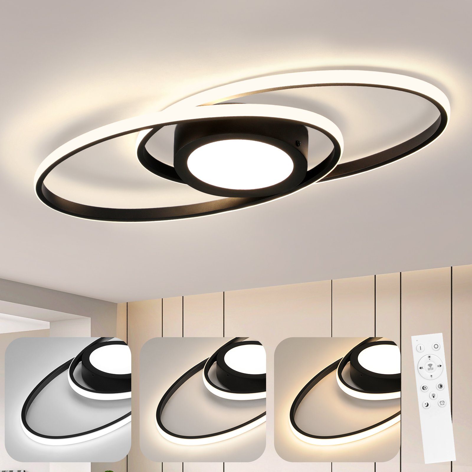 NETTLIFE LED-taklampa, svart 3000K -6500K, dimbar 48W, för barnrum, vardagsrum, med fjärrkontroll, modern, för sovrum