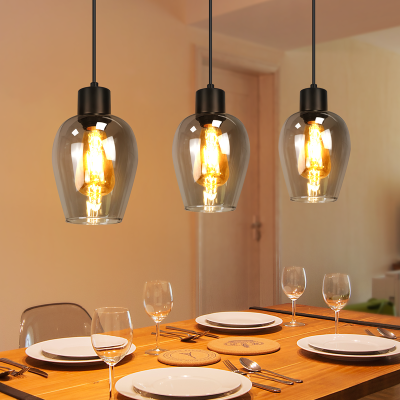 NETTLIFE Svart matbordslampa - Enkel E27-hänglampa tillverkad av rökfärgat vintageglas, utan ljuskälla