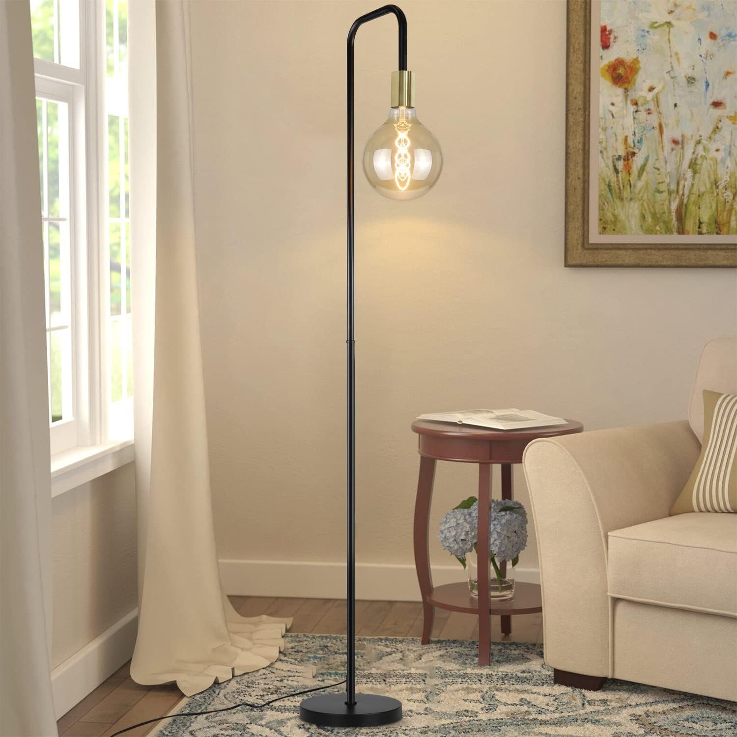NETTLIFE Golvlampa för Vardagsrum - Vintage Svartguld Metalllampa med Fotströmbrytare