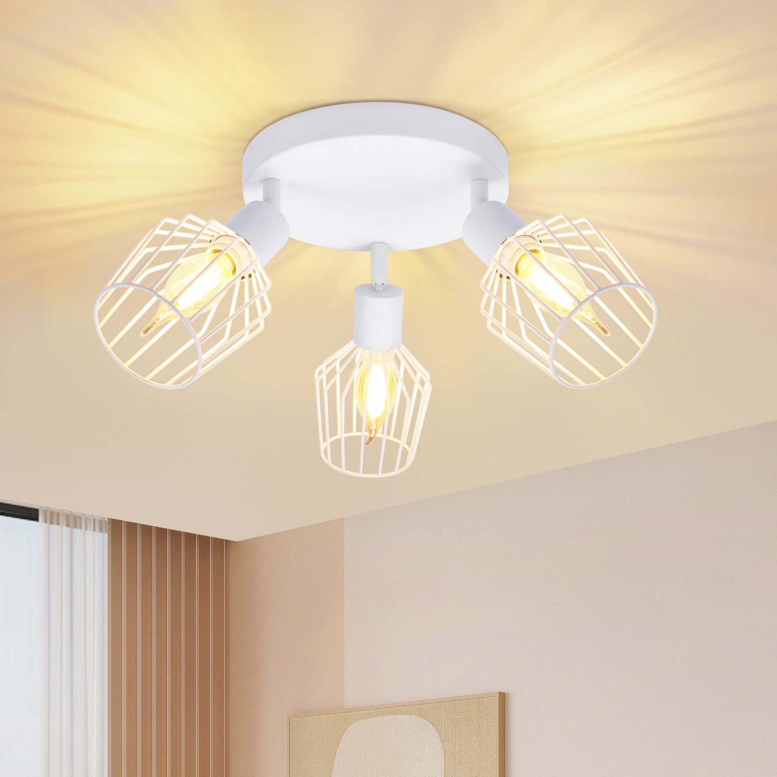NETTLIFE 3 E14 - takspotlight - rund metall, 350° roterbar industriell halllampa, vägglampa för hall och vardagsrum, vit