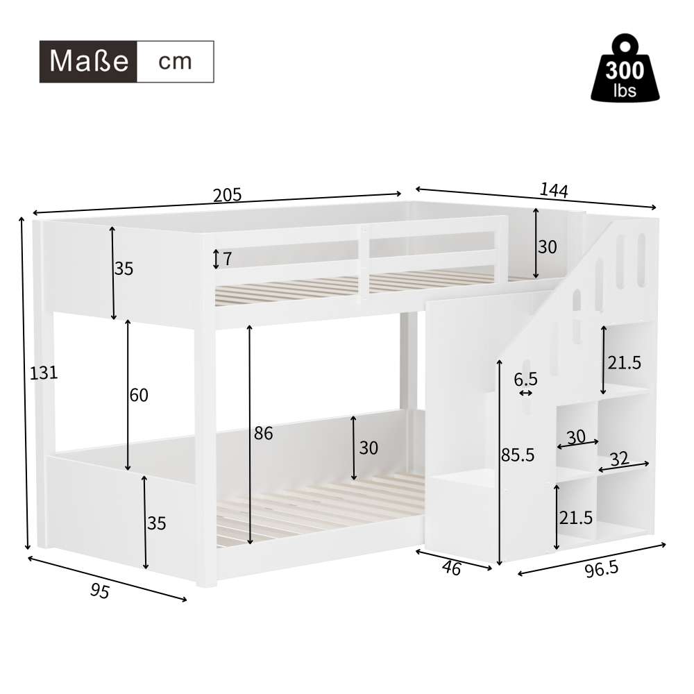 Våningssäng 90x200 cm Dubbelsäng Multifunktionell Barnsäng Med Trappa, Skåp Och Räcken Vit Utan Madrass