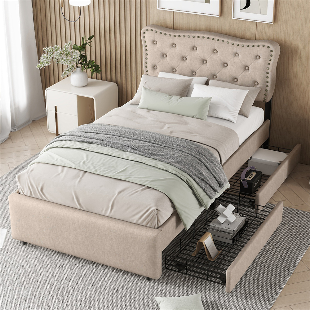 Klädd säng 90 x 200 cm, mörkbeige linne + MDF, nattduksbord + dekorativa nitar + 2 lådor