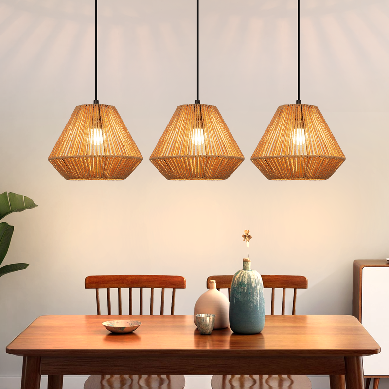 NETTLIFE 3-ljuslampor rottingpendellampa vintage flätad hö E27 boho justerbar höjd sovrum vardagsrum (lampa ingår ej)