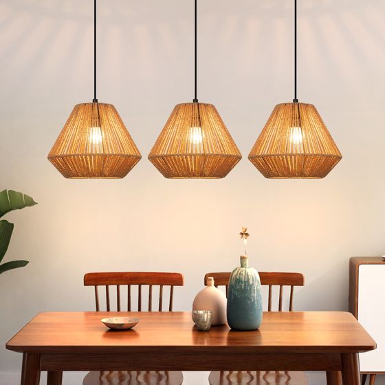 NETTLIFE 3-ljuslampor rottingpendellampa vintage flätad hö E27 boho justerbar höjd sovrum vardagsrum (lampa ingår ej)