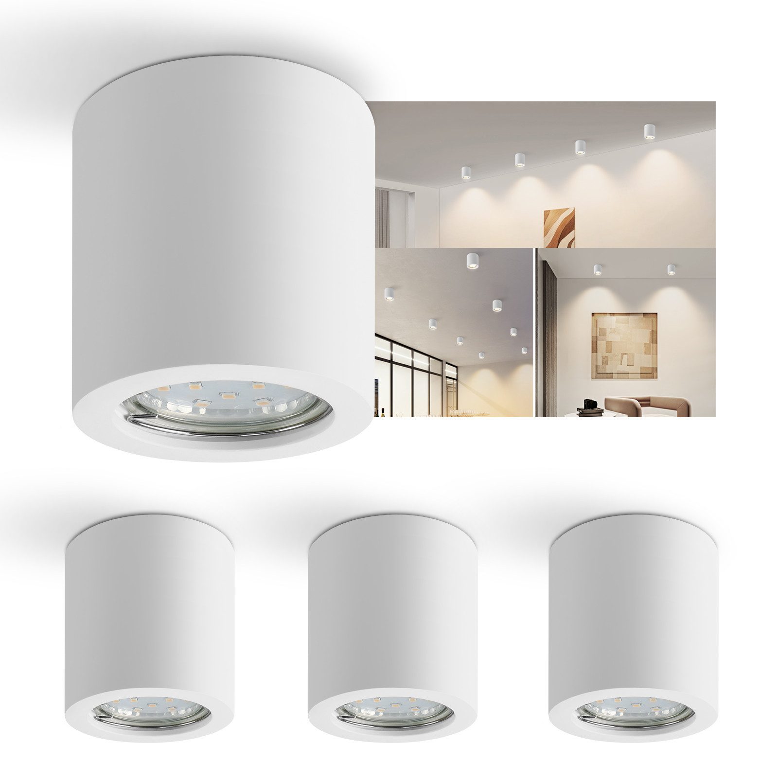 NETTLIFE vit, utanpåliggande spotlight, rund, GU10, modern gipsspotlight i taket, liten 40w