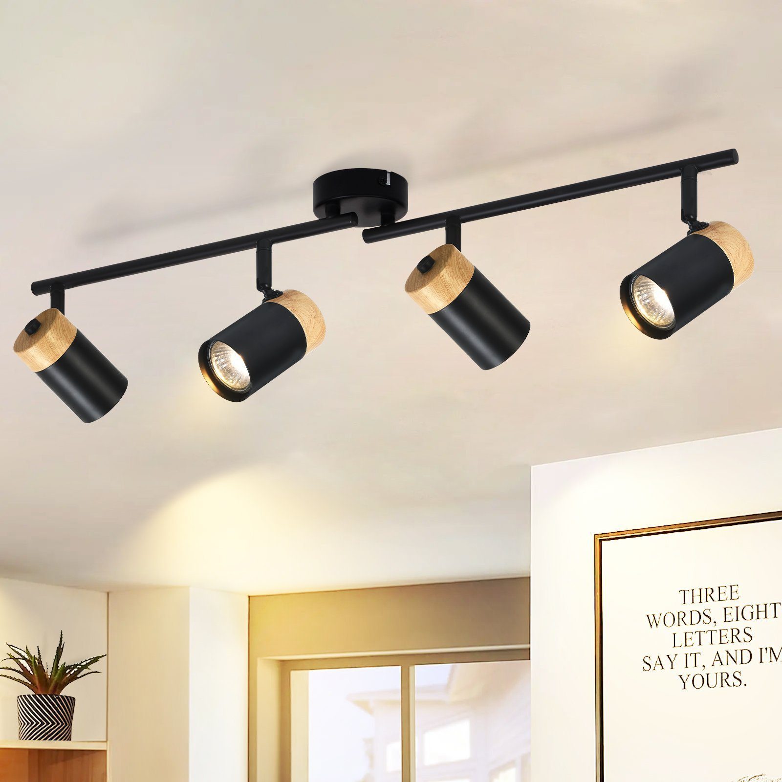 NETTLIFE Taklampa med 4 träspotlights GU10 svart, justerbar 330°, för vardagsrum, sovrum, kök, barnrum, utan glödlampa