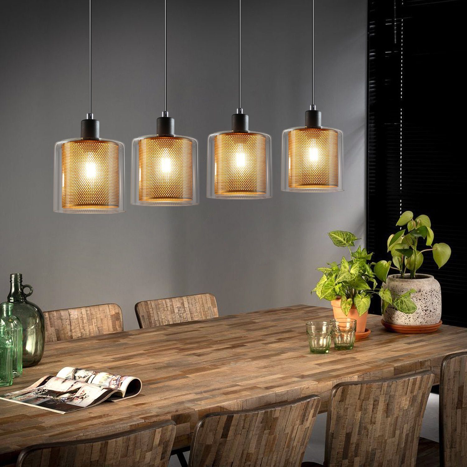 NETTLIFE Guldfärgad vardagsrumslampa, vintagestil, 3 E14-lampor, industriglas, JUSTERBAR HÖJD