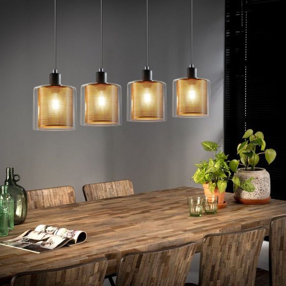 NETTLIFE Guldfärgad vardagsrumslampa, vintagestil, 3 E14-lampor, industriglas, JUSTERBAR HÖJD