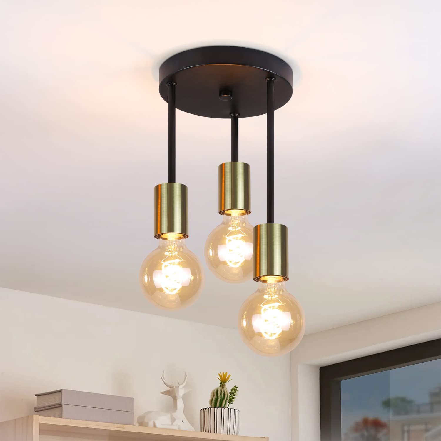 NETTLIFE - taklampa, 3 poäng,, E27Vintage - stil, svart och guld, pendellampa, med modern, industriell stilLjuskrona, max. 25w