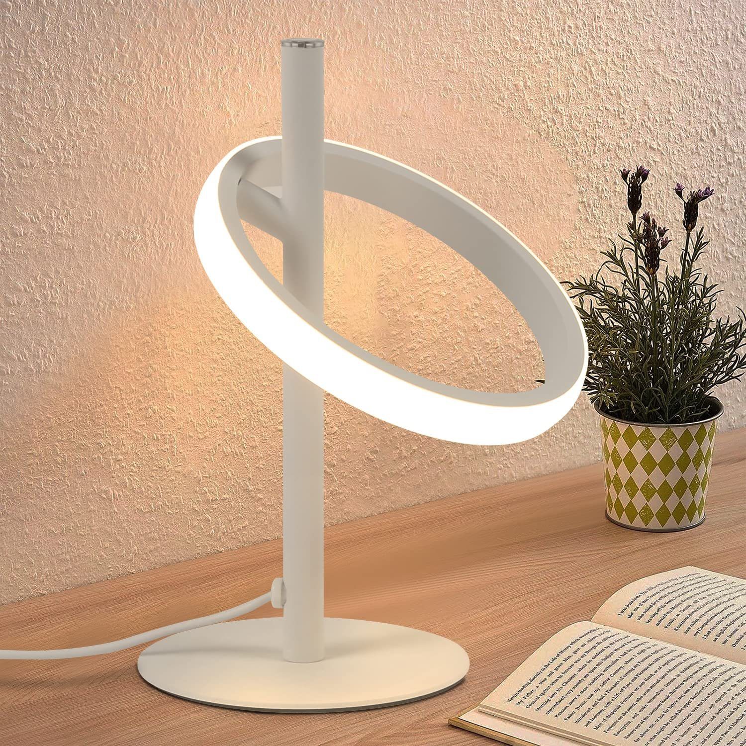 NETTLIFE modern LED-bordslampa - vit, ringformad sänglampa, roterande avtagbar, ringar 13W, 3000K varmvit