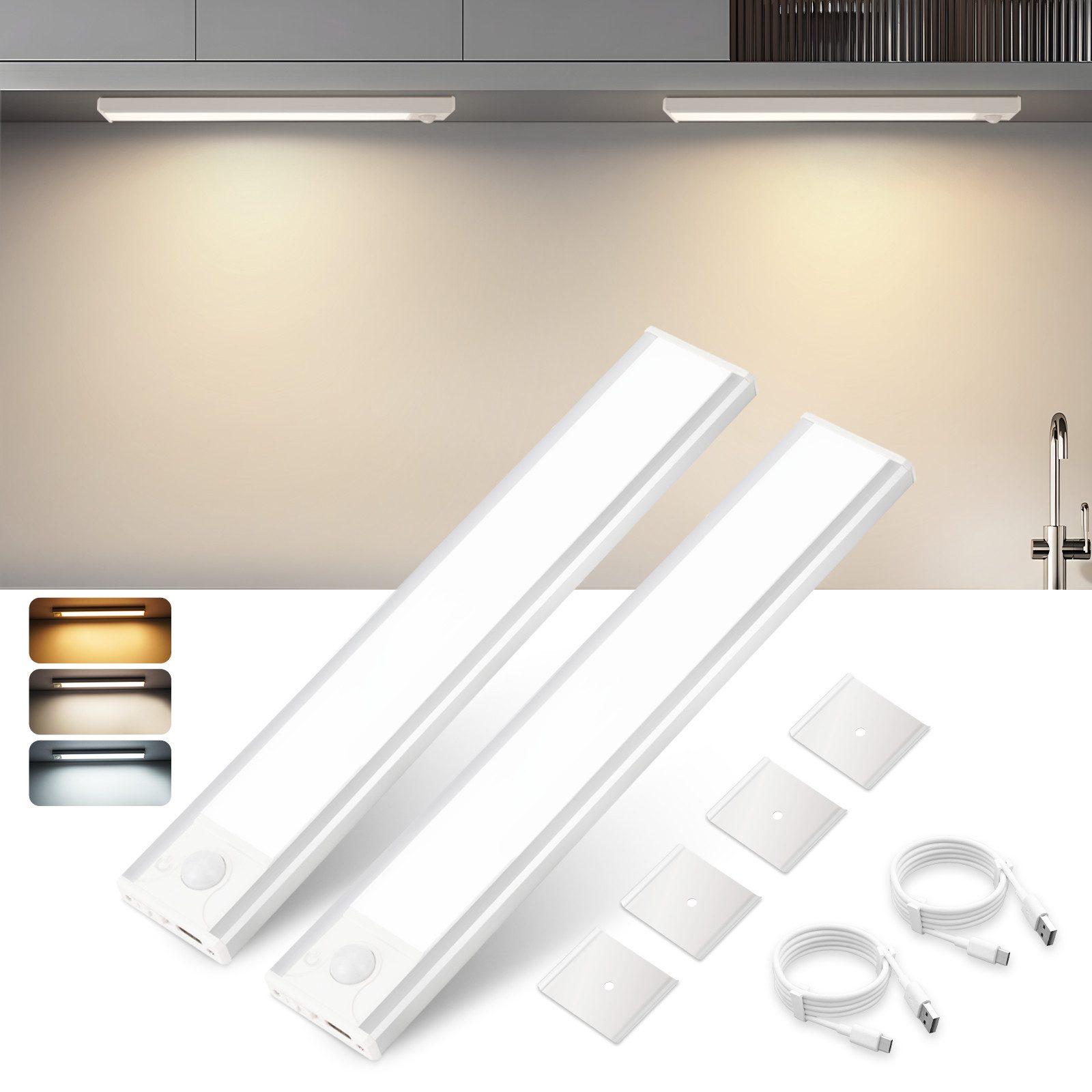 NETTLIFE 2 x LED-underskåpslampa med rörelsesensor, USB-laddningsbar, 1500 mAh, perfekt för garderob, hall eller garderober