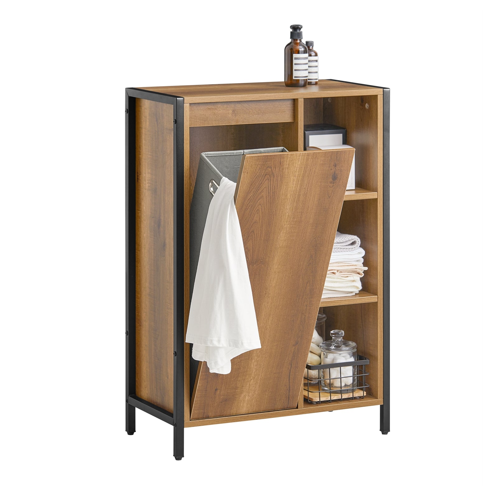 SoBuy Smal Badrumsförvaringsskåp Fristående Smalt Badrumsskåp med Avtagbar Tvättkorg – Modern Liten Golvförvaring Perfekt för Toalett eller Tvättstuga 60x30x90cm BZR65-PF