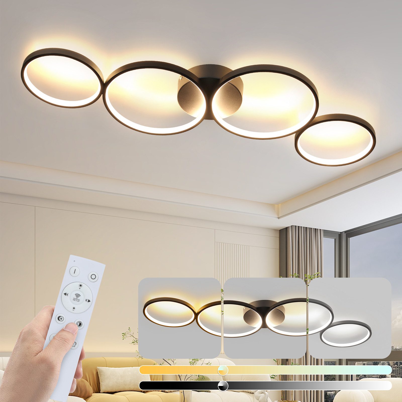 NETTLIFE dimbar LED-taklampa 100 cm 4 ringar modern 56 W svart taklampa med fjärrkontroll