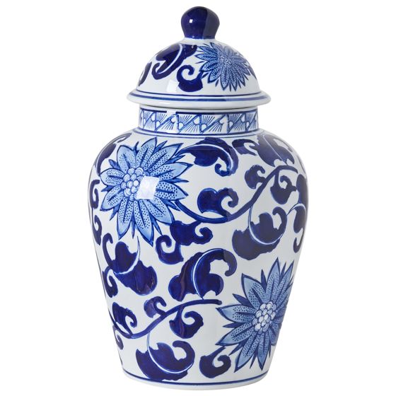 Vas med lock CUENCA 36 cm Porslin Vit/ Blå